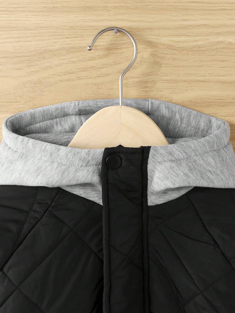 SHEIN 男孩字母拼接細節連帽棉袄 - 黑色 - 查看 5