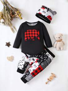 SHEIN 男嬰卡通圖案連身背心和運動褲&帽