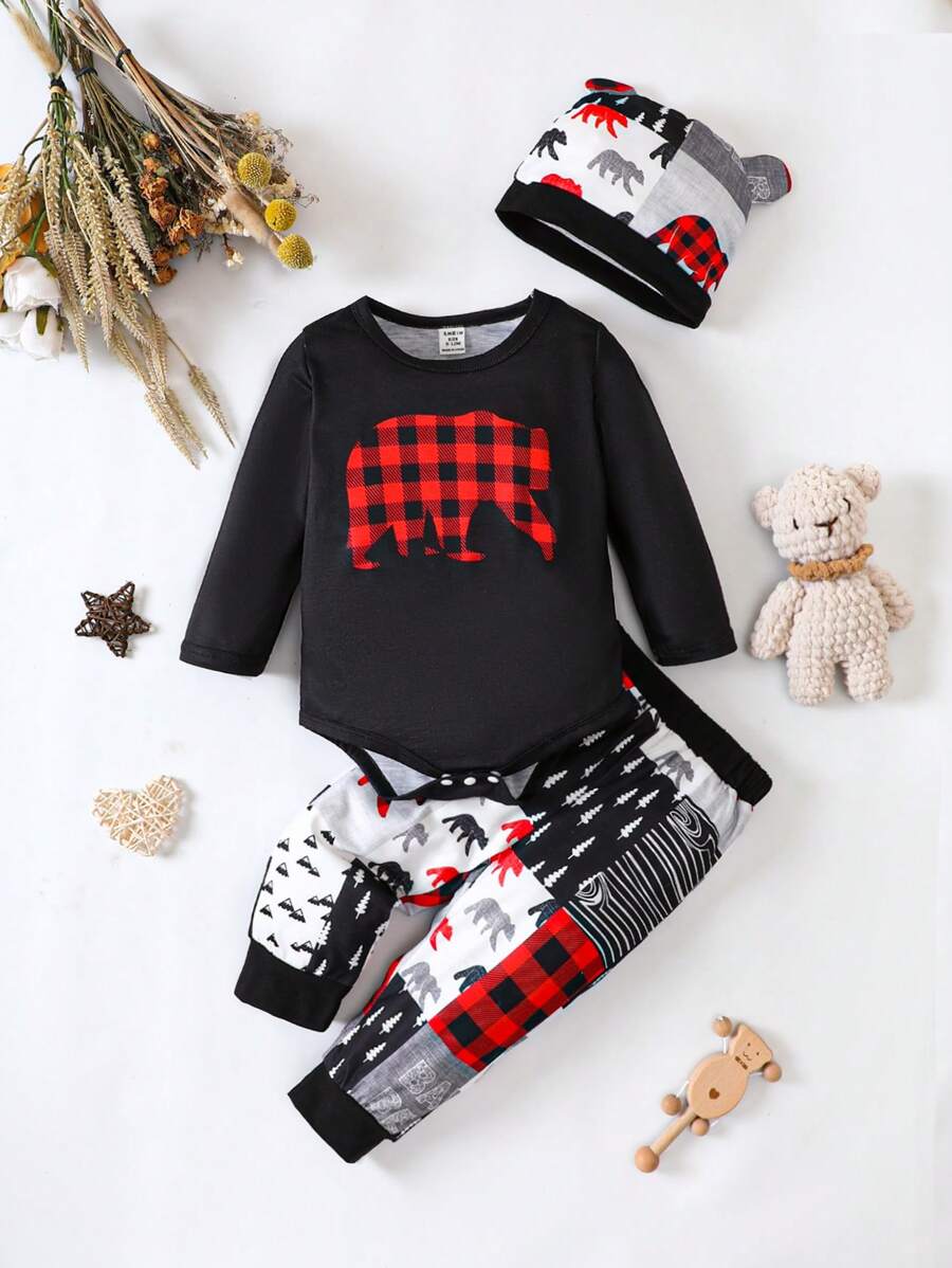 SHEIN 男嬰卡通圖案連身背心和運動褲&帽