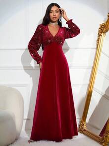 Vestido De Cuello En V Para Mujer Con Detalles De Pedrería - Burdeos - Ver 4