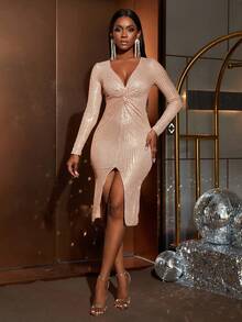 Cổ Lao Mặt trước xoắn Tách đùi Kim sa Đầm - Rượu sâm banh - Xem 3