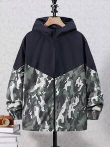 SHEIN Teen Boy Camo Print Colorblock Zip Up Hooded Coat - Multicolor - View 3