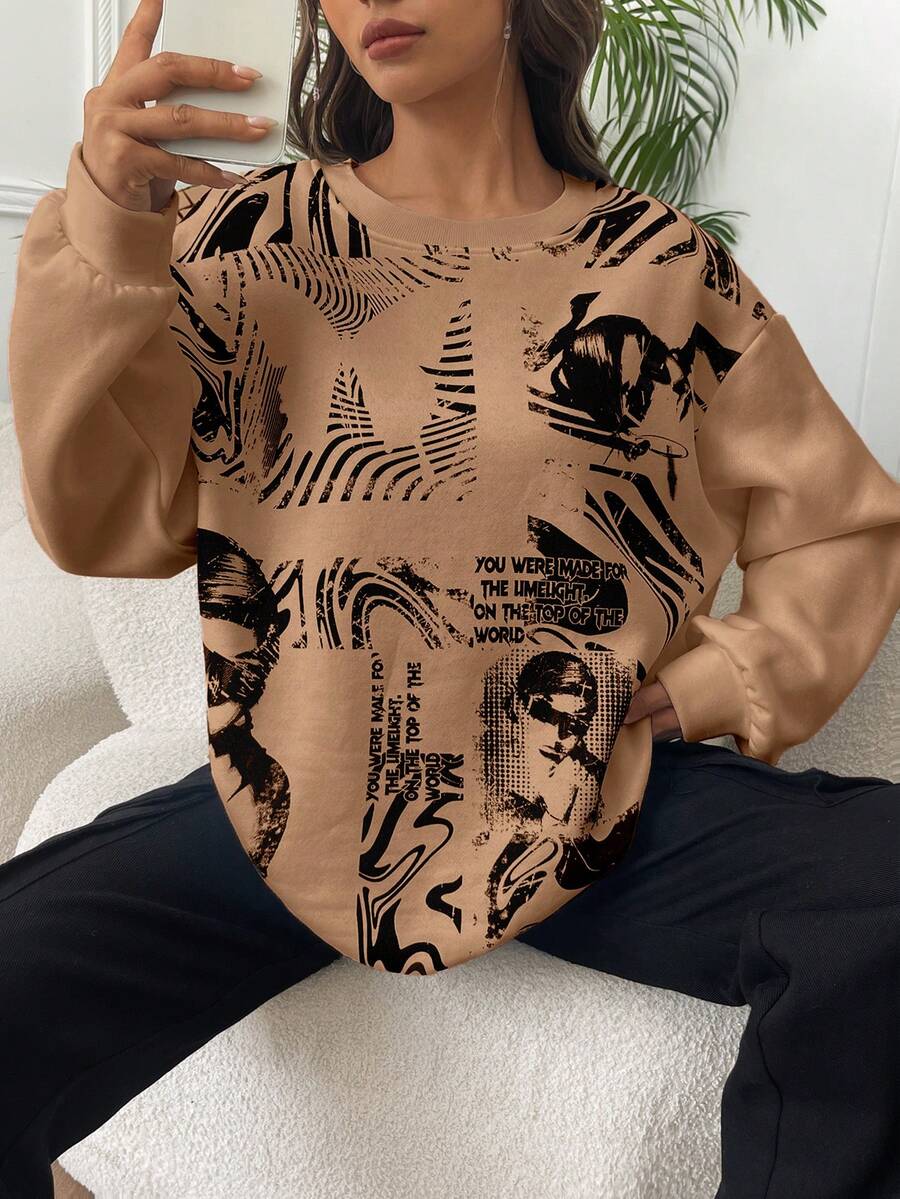 SHEIN EZwear Figure & Slogan Graphic Drop Shoulder Sweatshirt - Brown - View 1