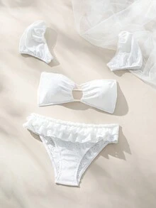 SHEIN Set de lencería bandeau ribete con fruncido con mangas - Blanco - Ver 4