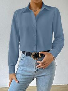 SHEIN EZwear Chất rắn Nút phía trước Áo sơ mi - Màu xanh bụi bặm - Xem 5