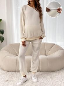 SHEIN Maternity Drop Shoulder Pullover & Adjustable Waist Sweatpants - Beige - View 1