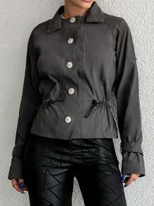 EURMUSE 搭扣帶細節插肩袖腰部抽繩夾克 - 灰色 - 查看 4