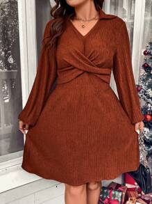 Calvaya Talla grande Vestido girante delantero con textura tejido - Óxido marrón - Ver 3