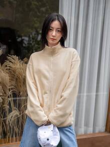 DAZY 拉鏈開襟落肩袖抽繩下擺搖粒絨夾克 - 米色 - 查看 3