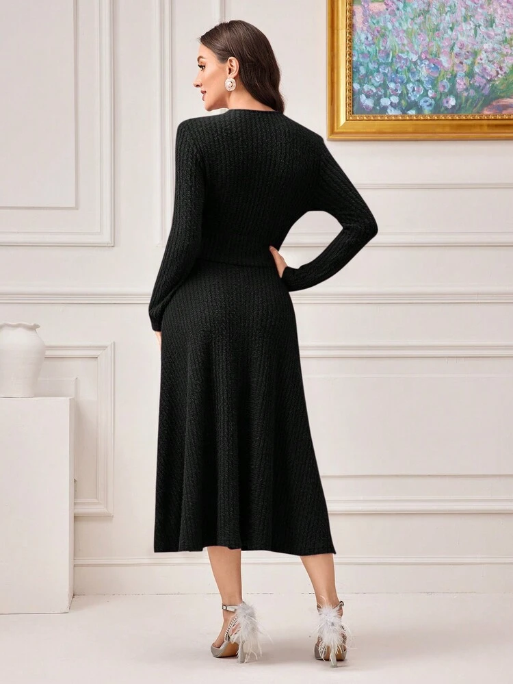 Surplice Neck Rib-Knit Solid Dress Dress For Churches Long Evening Dresses