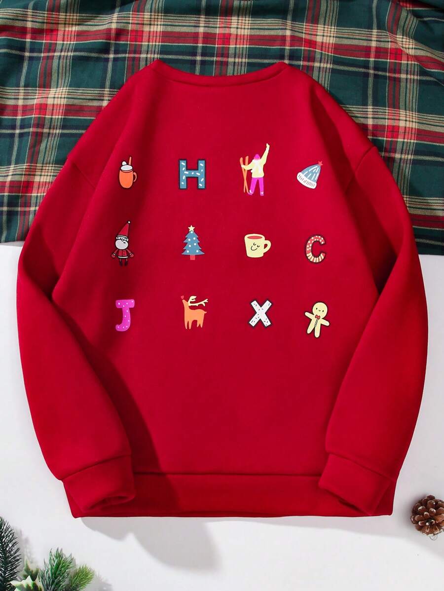 SHEIN Unity Letter& Cartoon Graphic Thermal Lined Sweatshirt Pullover Fall Sweatshirt - Burgundy - View 1