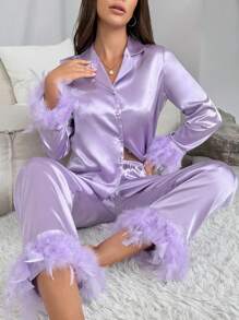 Fuzzy Trim Satin PJ Set / Pajama Set - Purple - View 7