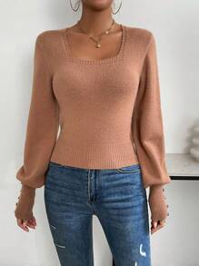 SHEIN Essnce Square Neck Button Detail Lantern Sleeve Sweater - Brown - View 4