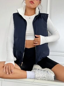 SHEIN EZwear 拉鏈開襟羽絨背心大衣 - 彩色 - 查看 1