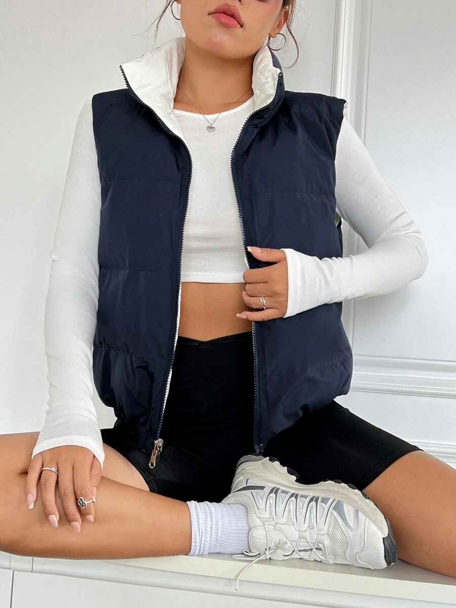 SHEIN EZwear 拉鏈開襟羽絨背心大衣 - 彩色 - 查看 1