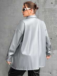 SHEIN Coolane Plus Flap Pocket Drop Shoulder PU Leather Coat - Silver - View 2