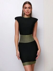 Modphy Miếng đệm vai Khối màu Váy bodycon - màu đen - Xem 7