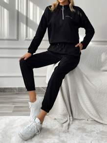 RueChic Letter Graphic Half Zip Drop Shoulder Sweatshirt & Drawstring Waist Sweatpants - Black - View 5