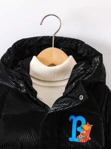 Baby Boy Letter Graphic Hooded Padded Coat Without Sweater - Black - View 4