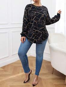 SHEIN LUNE 大碼幾何印花後背十字交叉弧形下擺落肩袖運動衫 - 黑色 - 查看 3