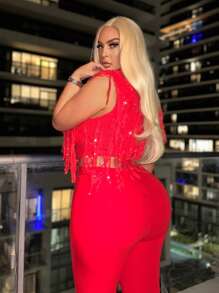 SHEIN SXY Giáng sinh & Năm mới Qủa tặng Của phụ nữ Đỏ  Áo vest Sọc Thiết kế Cổ áo cao Không tay Đối với - Đỏ - Xem 5