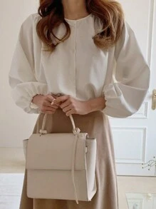 DAZY 1 Áo cánh tay đèn lồng màu trơn cho nữ, trang phục công sở thường ngày, áo dài tay mùa thu - trắng - Xem 3