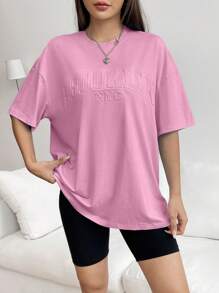 SHEIN EZwear Thư dập nổi Áo thun Thả vai - Hồng - Xem 4