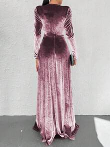 Surplice Neck Split Thigh Velvet Dress - Pink - View 2