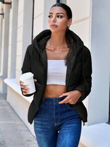 EURMUSE Women'S Drawstring Hooded Padded Jacket - Black - View 3