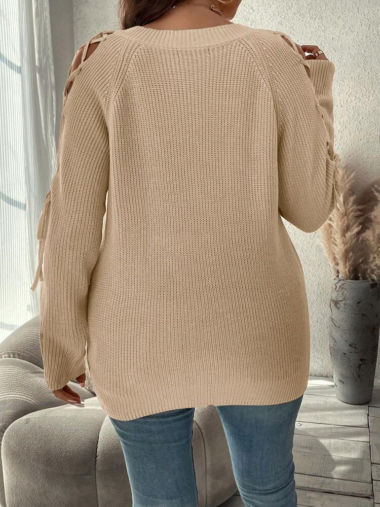 Plus Size Women'S Tie-Up Raglan Sleeve Pullover Sweater In Fall/Winter