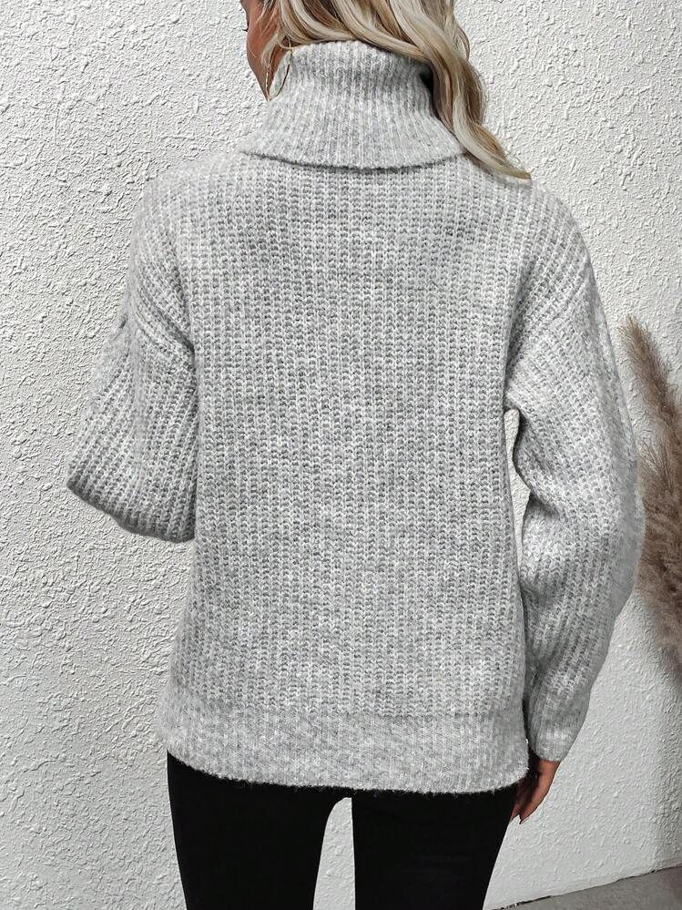 Chiquease Turtleneck Cable Knit Drop Shoulder Knit Pullover Fall Winter Sweater - Grey - View 2