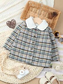 Baby Girl Houndstooth Print Borg Collar Overcoat - Yellow - View 1