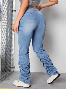 SHEIN ICON Plus Flap Pocket Side Stacked Jeans - Light Wash - View 2