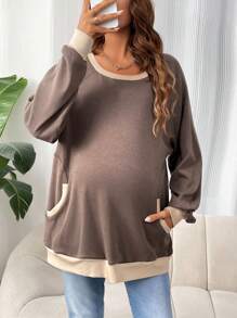 SHEIN Maternity Contrast Trim Raglan Sleeve Sweatshirt, For Winter - Khaki - View 3