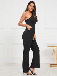 Chiquease One Shoulder Cut Out Flare Leg Jumpsuit - Black - View 4