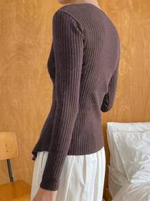 DAZY 素色交叉圍裹條紋針織套頭毛衣 - 咖啡棕 - 查看 2