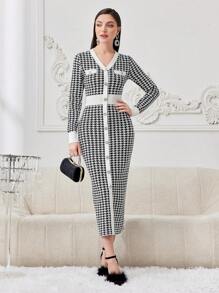 Modelyn Women's Color Block Knitted Sweater Dress With Houndstooth Pattern