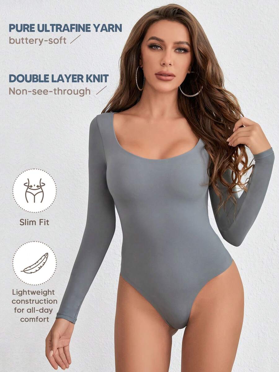 Solid Scoop Neck Seamless Double Knit Long Sleeve Tee Bodysuit With Thong Back - Grey - View 1