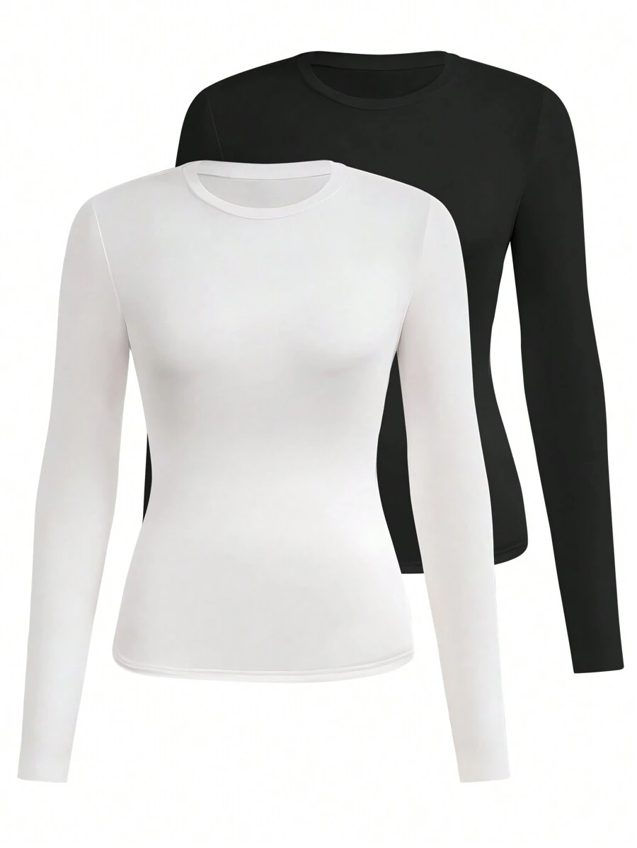 SHEIN Franclia 2入組素色圓領T恤 - 黑與白 - 查看 1