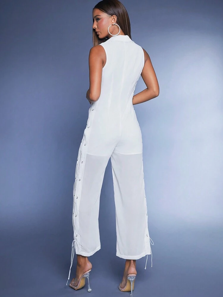 Grommet Lace Up Side Lapel Jumpsuit