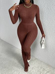 Slaydiva Áo thun dệt kim gân dài tay cổ lọ nhỏ Slayr Casual Home và quần xếp ly xẻ tà màu đỏ nâu sọc chải dành cho nữ Bộ đồ bó sát hai mảnh - màu nâu - Xem 6