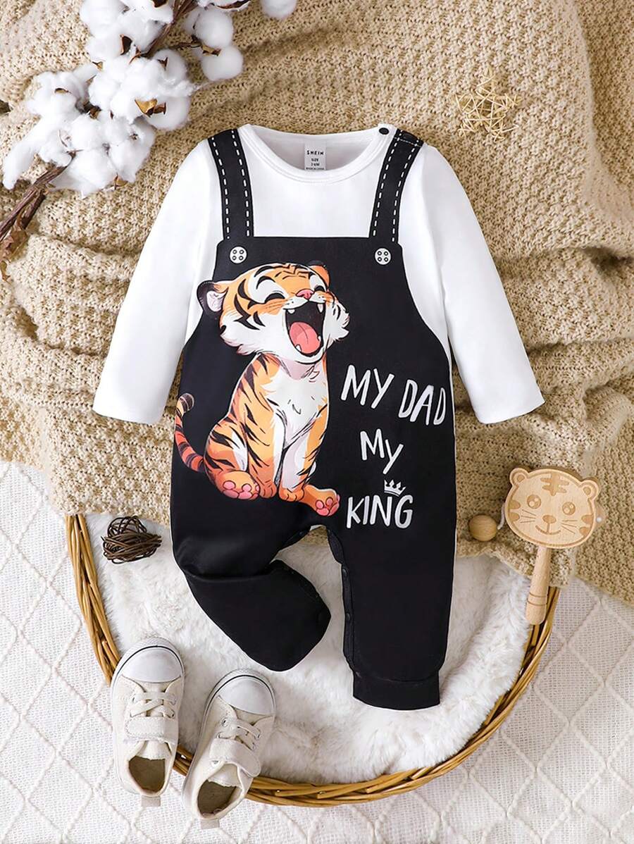 SHEIN Baby Boy Cartoon & Slogan Graphic 2 In 1 Jumpsuit - Multicolor - View 1