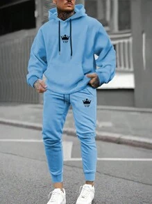 Manfinity Homme 男士字母圖案抽繩連帽衫和運動褲 - 淺藍色 - 查看 1