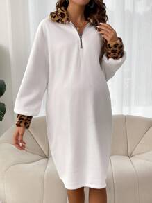 SHEIN Maternity Contrast Leopard Trim Quarter Zip Drop Shoulder Dress - White - View 1
