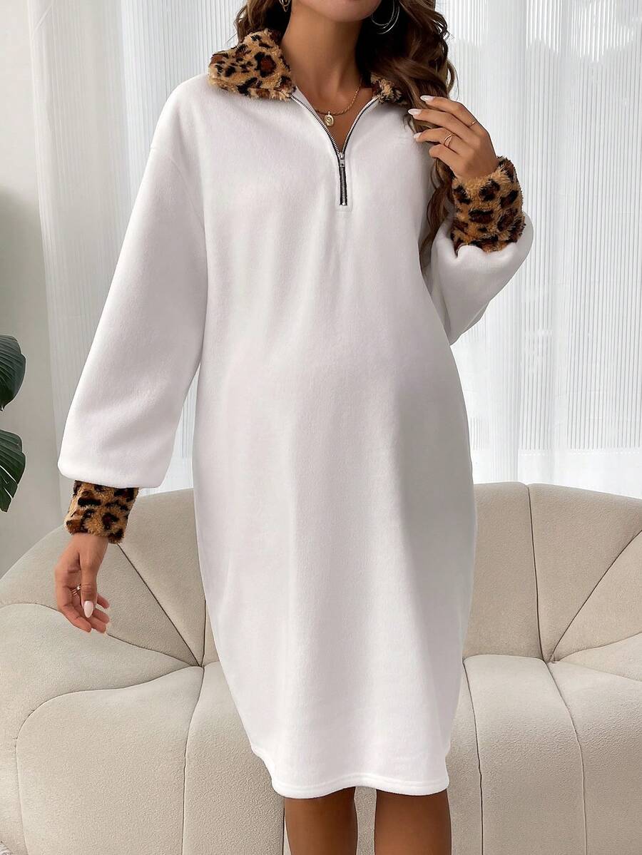SHEIN Maternity Contrast Leopard Trim Quarter Zip Drop Shoulder Dress - White - View 1