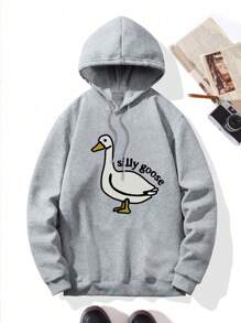 Men Duck & Letter Graphic Drawstring Thermal Lined Hoodie - Light Grey - View 5