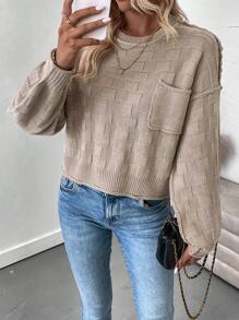 SHEIN Privé Solid Pocket Patched Drop Shoulder Sweater - Khaki - View 1