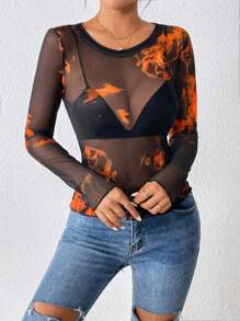 SHEIN Essnce Flame Print Sheer Mesh Top - Orange - View 5