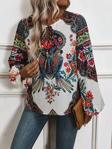 EMERY ROSE 印花繫帶領燈籠袖襯衫 - 彩色 - 查看 3