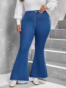 Mulvari 大碼珍珠串珠毛邊緣牛仔喇叭褲 - 中等水洗藍 - 查看 1